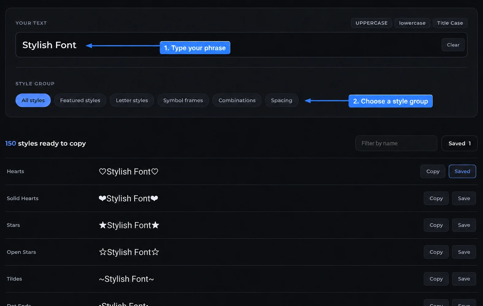 Stylish Font Generator text field and style group tabs with arrows showing where to enter text and choose a group