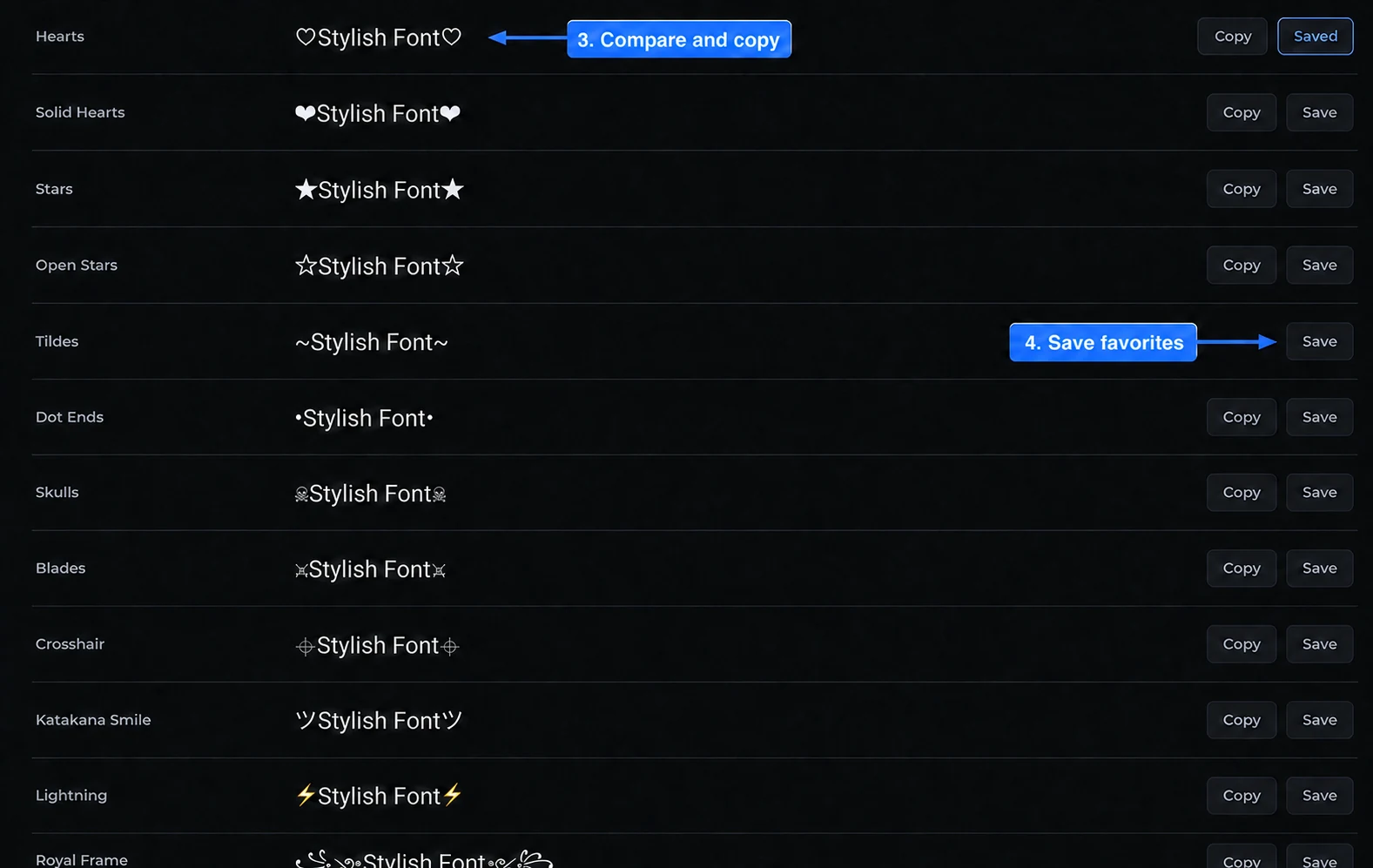 Stylish Font Generator results list with arrows showing how to compare a preview and save a favorite style